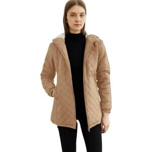 Khaki Nylon & Fleece Quilted Jacket Hood Car Length Slim Fit 2X